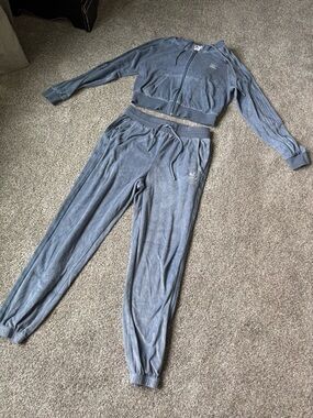 adidas Light Blue Velour Zip Hoodie & Joggers Set